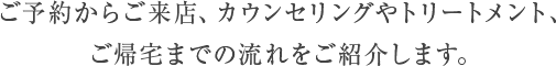 ご予約からご来店、カウンセリングやトリートメント、 ご帰宅までの流れをご紹介します。