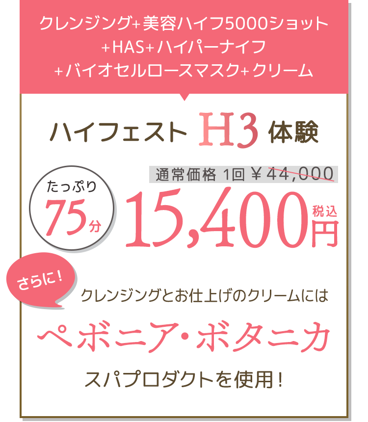 クレンジング+美容ハイフ5000ショット+HAS+ハイパーナイフ+バイオセルロースマスク+クリーム たっぷり75分 15,400円(税込)