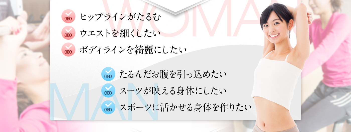 ヒップラインがたるむ　ウエストを細くしたい　ボディラインを綺麗にしたい　たるんだお腹を引っ込めたい　スーツが映える身体にしたい　スポーツに活かせる身体を作りたい