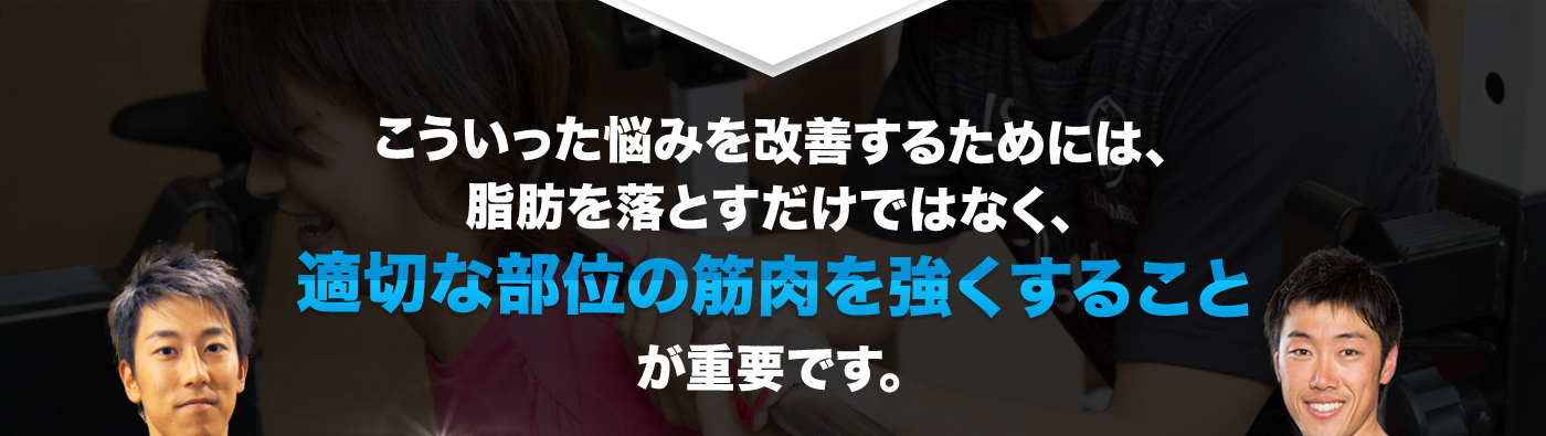 こういった悩みを改善するためには、脂肪を落とすだけではなく、適切な部位の筋肉を強くすることが重要です。